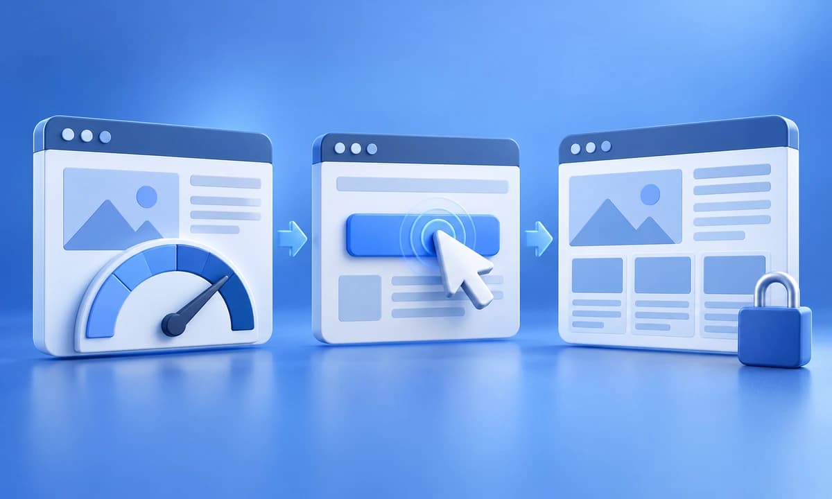 Trois fenêtres illustrant le chargement, la réactivité et la stabilité d’une page web.