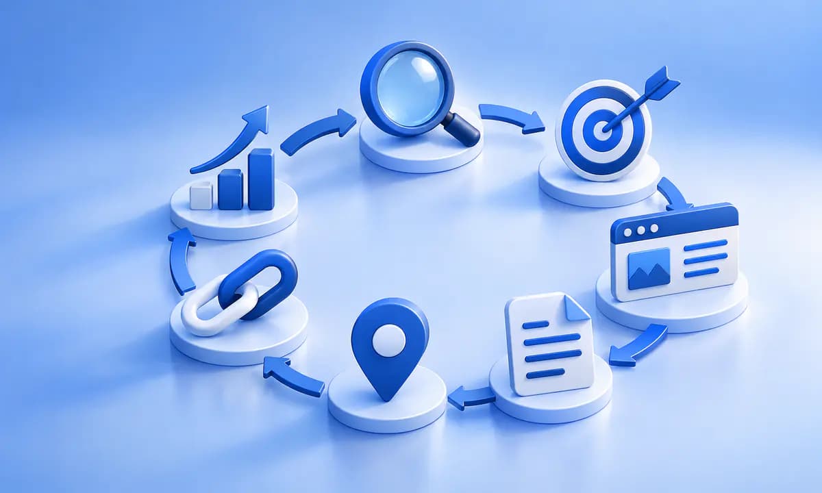 Boucle reliant diagnostic, intentions, technique, contenu, visibilité locale, liens et mesure.