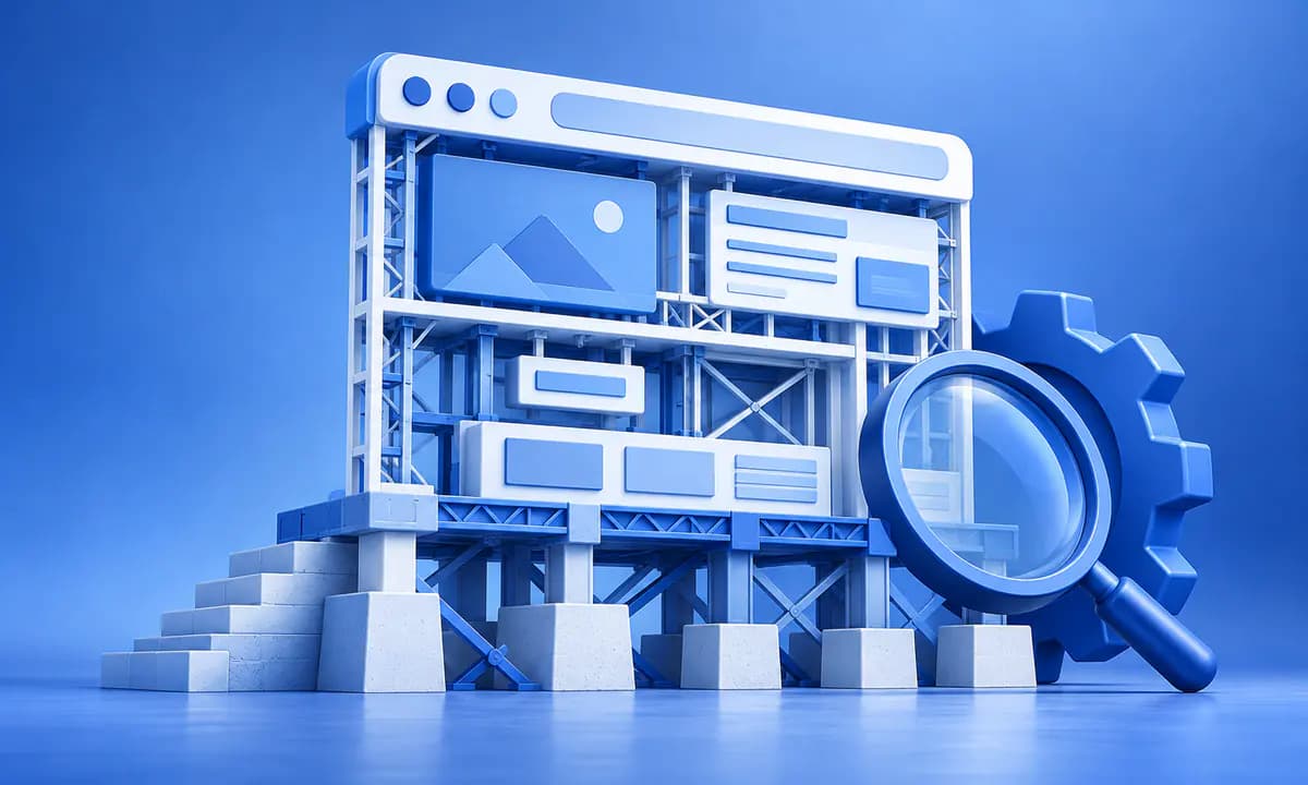 Fenêtre web, engrenage et fondations illustrant les bases du SEO technique.
