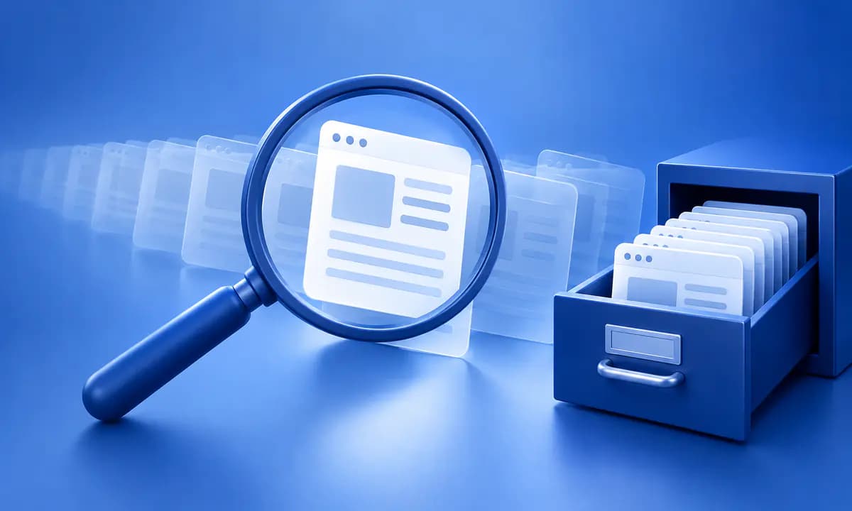 Loupe révélant une page web devant un tiroir d’indexation.