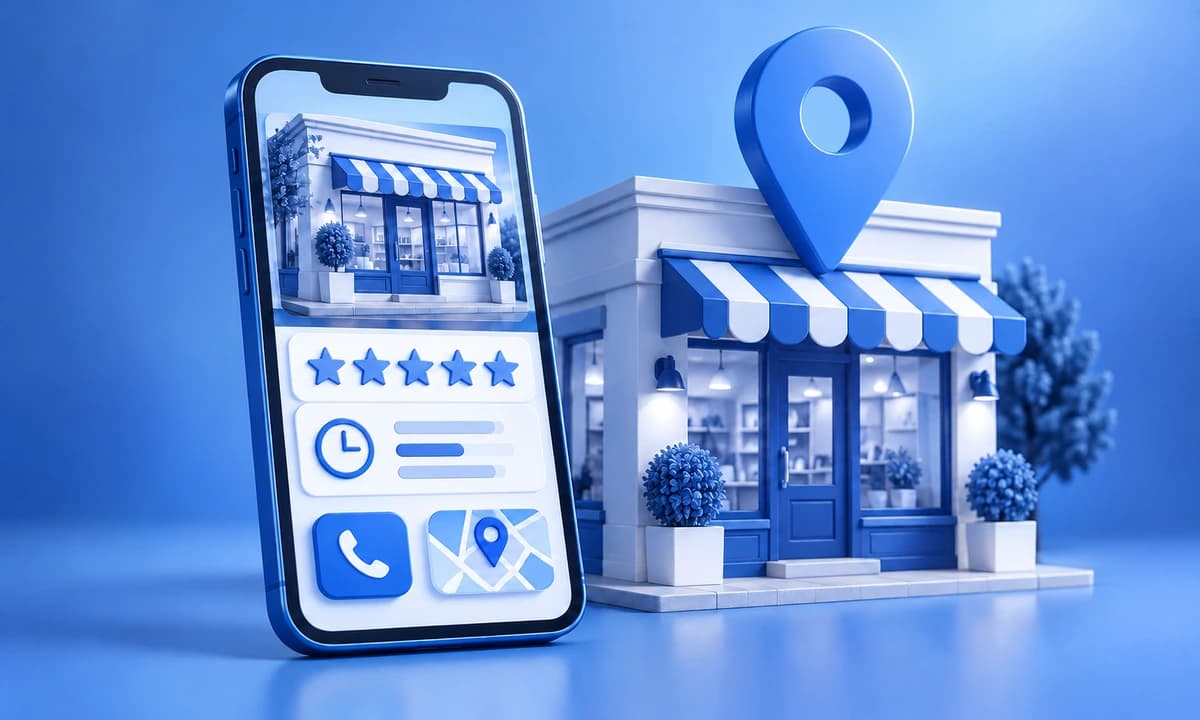 Fiche d’établissement sur téléphone, boutique et repère de carte pour le référencement local.
