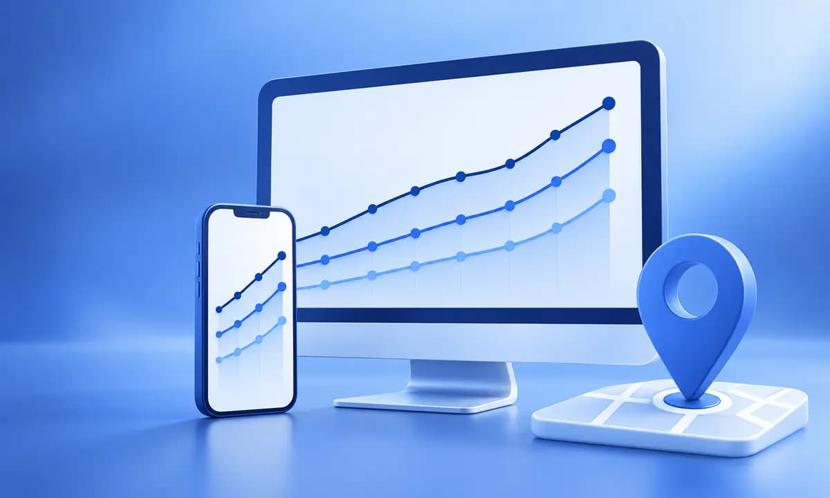 Écran, téléphone et repère local pour le suivi des positions SEO.