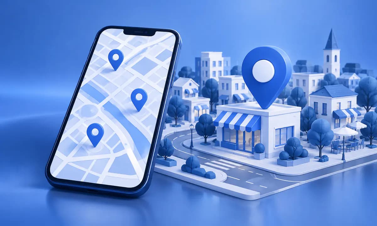 Carte sur téléphone et repères de commerces pour la visibilité locale.