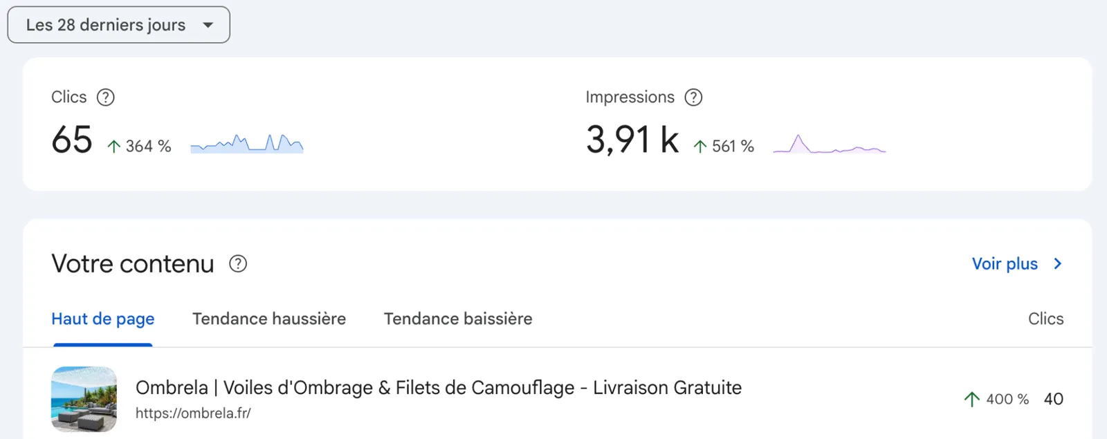 Search Console, vue 28 derniers jours : 65 clics (+364 %) et 3,91 k impressions (+561 %), page d’accueil en tête de contenu
