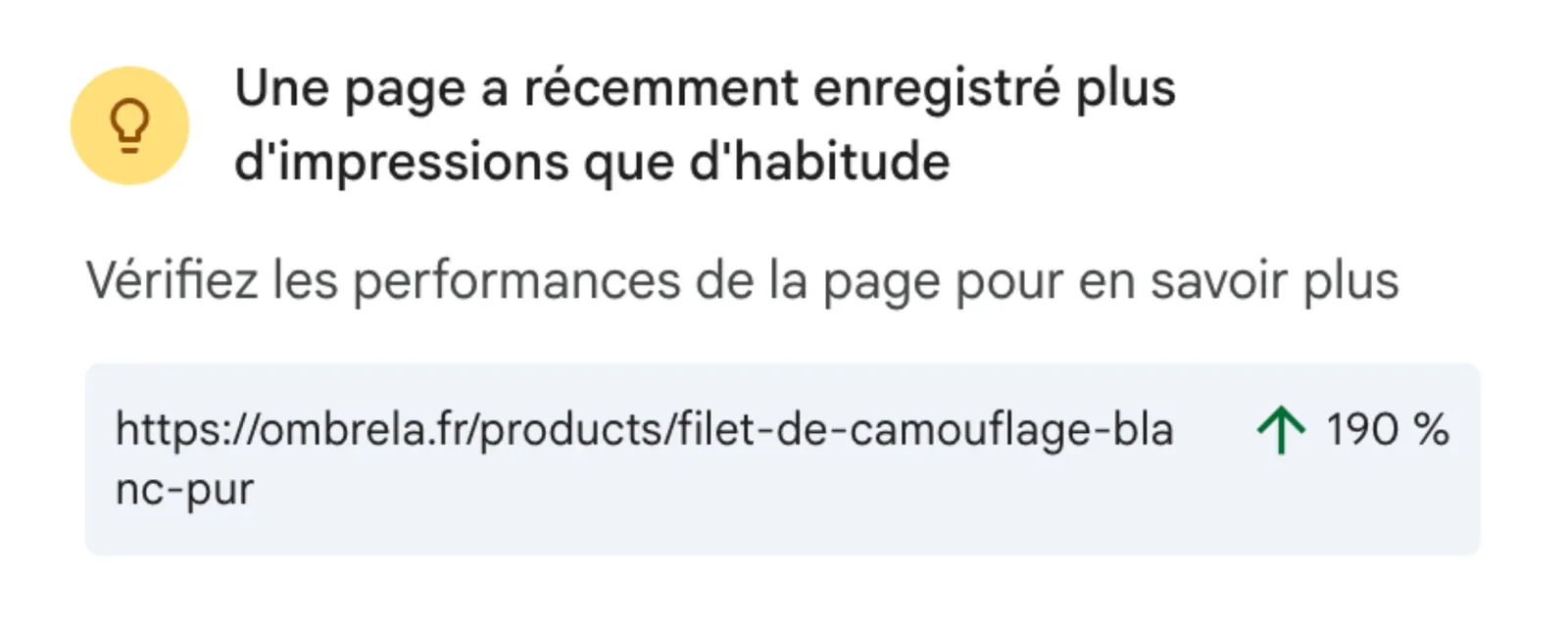 Alerte Search Console : une page produit (filet de camouflage blanc) enregistre +190 % d’impressions par rapport à son niveau habituel